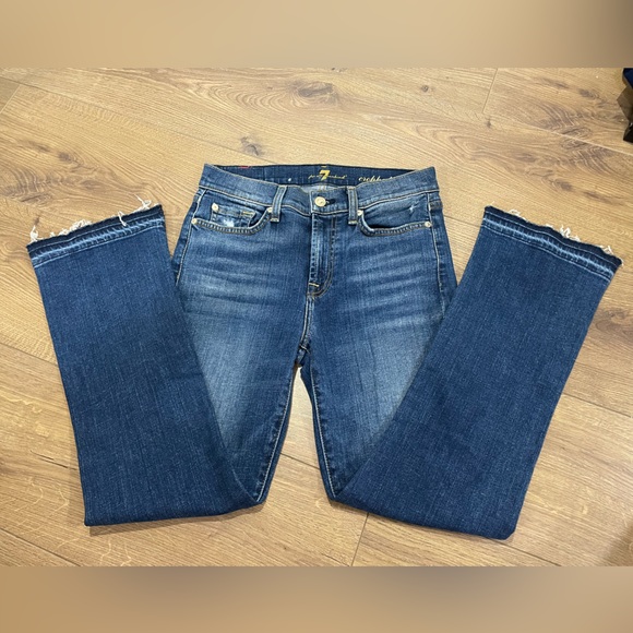 7 For All Mankind Cropped Boot Cut Raw Hem Medium Wash Designer Denim 26” - Picture 4 of 9